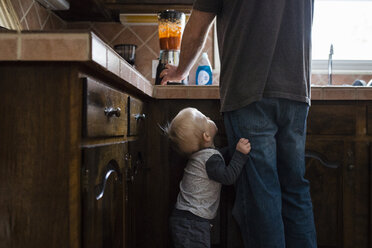 Seitenansicht eines Jungen, der neben seinem in der Küche arbeitenden Vater steht - CAVF46003