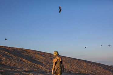 Rear view of woman watching birds flying against clear blue sky - CAVF46235