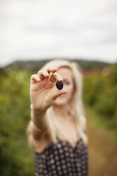 Junge Frau hält frische Brombeeren auf einem Feld gegen den Himmel - CAVF46259