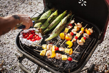 Draufsicht auf einen Mann beim Grillen im Garten - CAVF46284