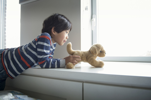 Junge spielt mit Plüschtier auf der Fensterbank zu Hause, lizenzfreies Stockfoto