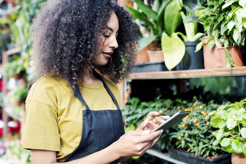 Besitzer verwendet Tablet-Computer, während er neben Topfpflanzen auf dem Markt steht, lizenzfreies Stockfoto