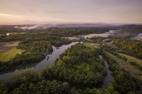 Ruhiger Blick auf den Fluss durch Bäume gegen den Himmel, lizenzfreies Stockfoto