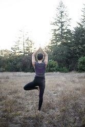 Rear view of woman practicing tree pose at field - CAVF47379