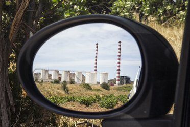 Greece, Laurion, gas power station mirrored in wing mirror - MAMF00075