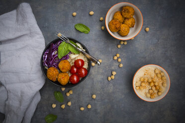 Couscous sweet potato falafel bowl with red cabbage, tomato, mint and hummus - LVF06887