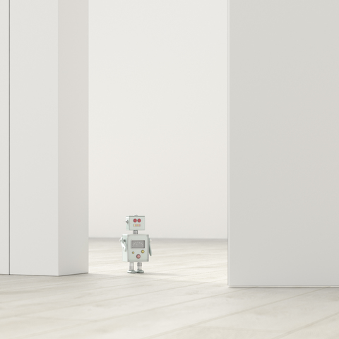 Roboter in einem leeren Raum, 3d Rendering, lizenzfreies Stockfoto