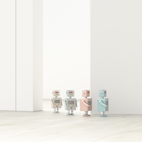 Robots walking in a row in an empty room, 3d rendering stock photo