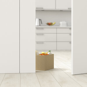 Karton mit Lebensmitteln in der Küche hinter einer angelehnten Tür, 3d Rendering - UWF01384