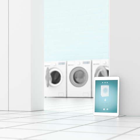 Tablet in laundry room, 3d rendering stock photo