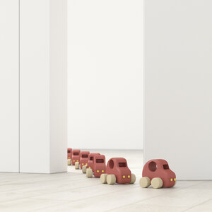 Modellautos in einer Reihe in einem leeren Raum, 3d-Rendering - UWF01399