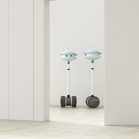 Two robots behind ajar door in an empty room, 3d rendering stock photo