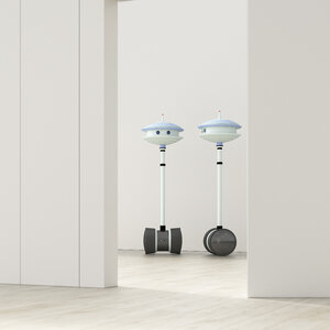 Zwei Roboter hinter einer angelehnten Tür in einem leeren Raum, 3d Rendering - UWF01400