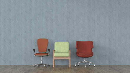 Drei verschiedene Stühle vor einer Betonwand, 3d Rendering - UWF01401