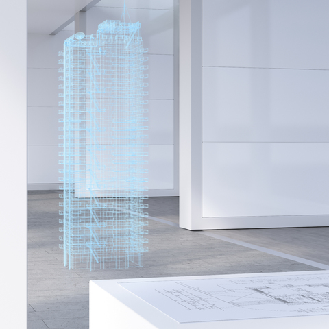 Model of a skyscraper with digital grid, 3d rendering stock photo