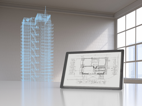 Tablet with blueprint and model of a skyscraper with digital grid, 3d rendering stock photo