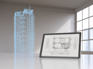 Tablet with blueprint and model of a skyscraper with digital grid, 3d rendering - UWF01404
