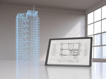 Tablet mit Blaupause und Modell eines Wolkenkratzers mit digitalem Raster, 3d-Rendering - UWF01404