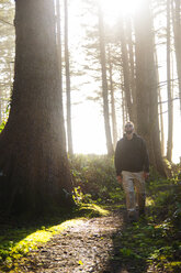 Mann blickt beim Spaziergang im Wald nach oben - CAVF48744