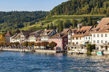 Switzerland, Canton of Schaffhausen, Stein am Rhein, Lake Constance, Rhine river, Old town, waterfront promenade - WDF04604