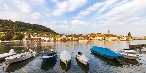 Schweiz, Kanton Schaffhausen, Stein am Rhein, Rhein, Altstadt und Fischerboote - WDF04609