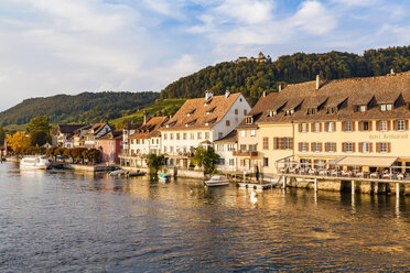 Switzerland, Canton of Schaffhausen, Stein am Rhein, Rhine river, Hotel Restaurant Rheinfels and Hohenklingen Castle - WDF04610