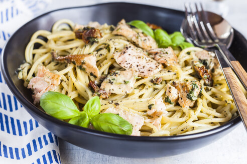 Spaghetti with creamy spinach sauce, dried tomatoes and salmon - SBDF03545