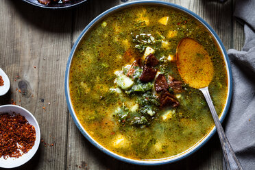 Caldo verde, soup with green cabbage, chorizo and potato - SBDF03548