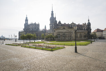 Germany, Saxony, Dresden, Theatre Square, Dresden Castle, Dresden Cathedral against the morning sun - ASCF00862