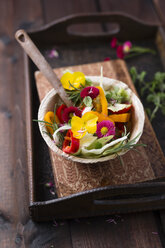 Schüssel mit gemischtem Salat mit Kräutern und essbaren Blüten - MYF02035