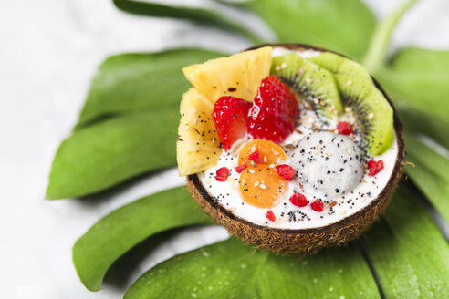 Kokosnussschale mit verschiedenen Früchten, Naturjoghurt und Samen auf Blatt - RTBF01229