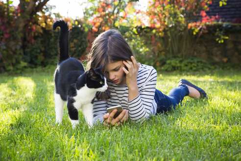 Mädchen mit Smartphone und Katze auf einer Wiese - LVF06913