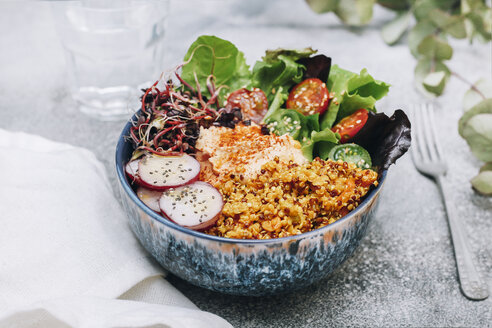 Vegan buddha bowl with hummus, quinoa with curry, lettuce, sprouts, green and red cherry tomatoes, sliced radish and sesame and poppy seeds - RTBF01231