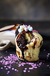 Vanilla cup cake with chocolate sauce, marshmallows and pink sugar granules - CSF29096