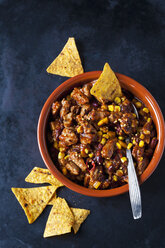 Vegetarian Chili with soy meat cut into strips and tortilla chips in earthenware dish - CSF29115