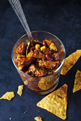 Vegetarian Chili with soy meat cut into strips in glass - CSF29120