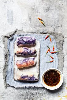 Vegane Reispapierwickel (vietnamesische Sommerrollen), gefüllt mit Kohl, Karotten, Paprika, Reisnudeln und Dip-Sauce - SBDF03576