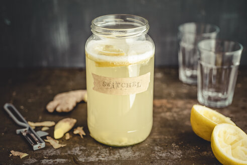 Switchel, homemade drink with ginger, apple vinegar, honey and lemon - IPF00453