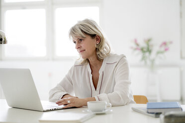 Lächelnde reife Geschäftsfrau arbeitet am Laptop am Schreibtisch - HHLMF00246
