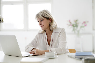 Smiling mature businesswoman working on laptop at desk - HHLMF00246