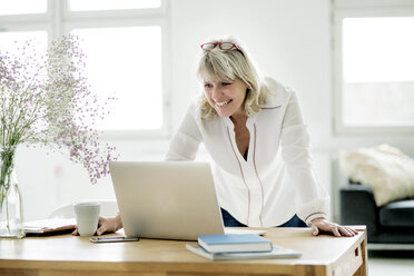 Lächelnde reife Geschäftsfrau arbeitet am Laptop am Schreibtisch - HHLMF00259