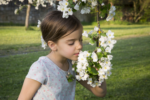Kleines Mädchen riecht an Apfelblüten, lizenzfreies Stockfoto