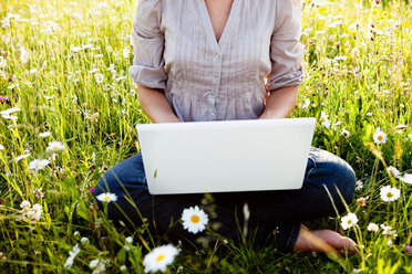 Frau mit Laptop auf einer wilden Wiese sitzend - CUF00837