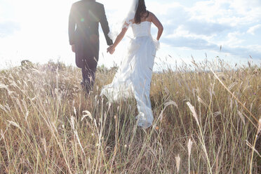 Newlywed couple holding hands in grass - CUF00912