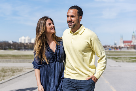 Happy couple on a walk stock photo