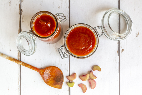 Homemade tomato rhubarb ketchup stock photo