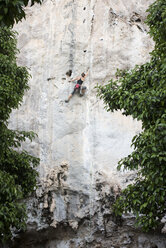Thailand, Krabi, Chong Pli, Frau klettert in Felswand - ALRF01165