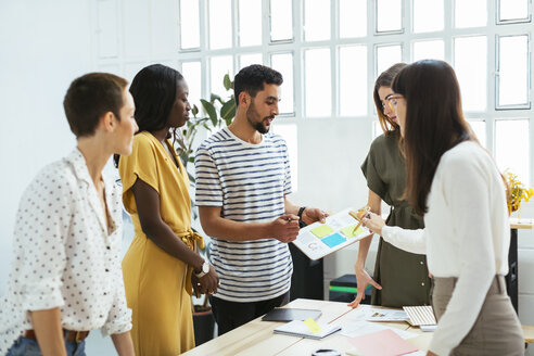 Kollegen arbeiten zusammen am Schreibtisch im Büro und besprechen Papiere - EBSF02541