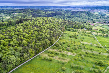 Germany, Baden-Wuerttemberg, Swabian Franconian forest, Rems-Murr-Kreis, Aerial view of meadow with scattered fruit trees and roads - STSF01529