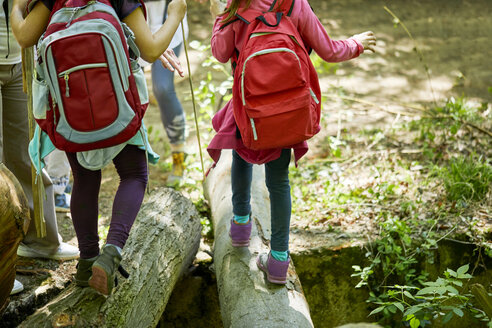 Mädchen mit Rucksäcken balancieren auf Baumstämmen im Wald - ZEDF01404